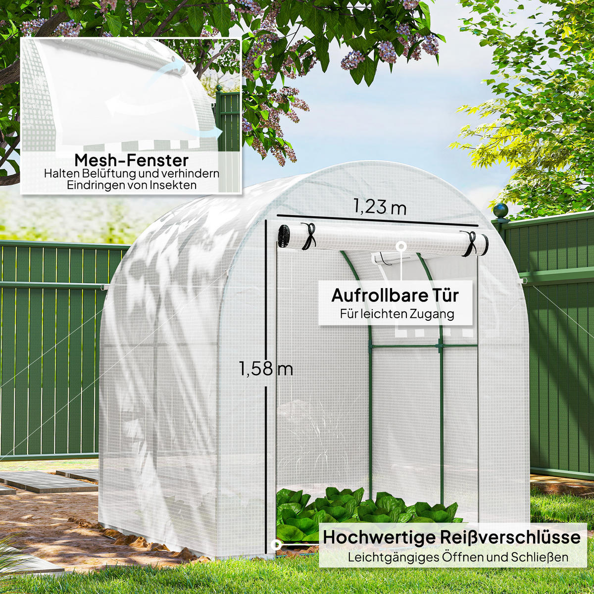 GEWÄCHSHAUS, Foliengewächshaus mit Aufrollbare Fenster & Tür, UV Schutz Weiß - Weiß, Kunststoff (180/200/180cm) - Outsunny