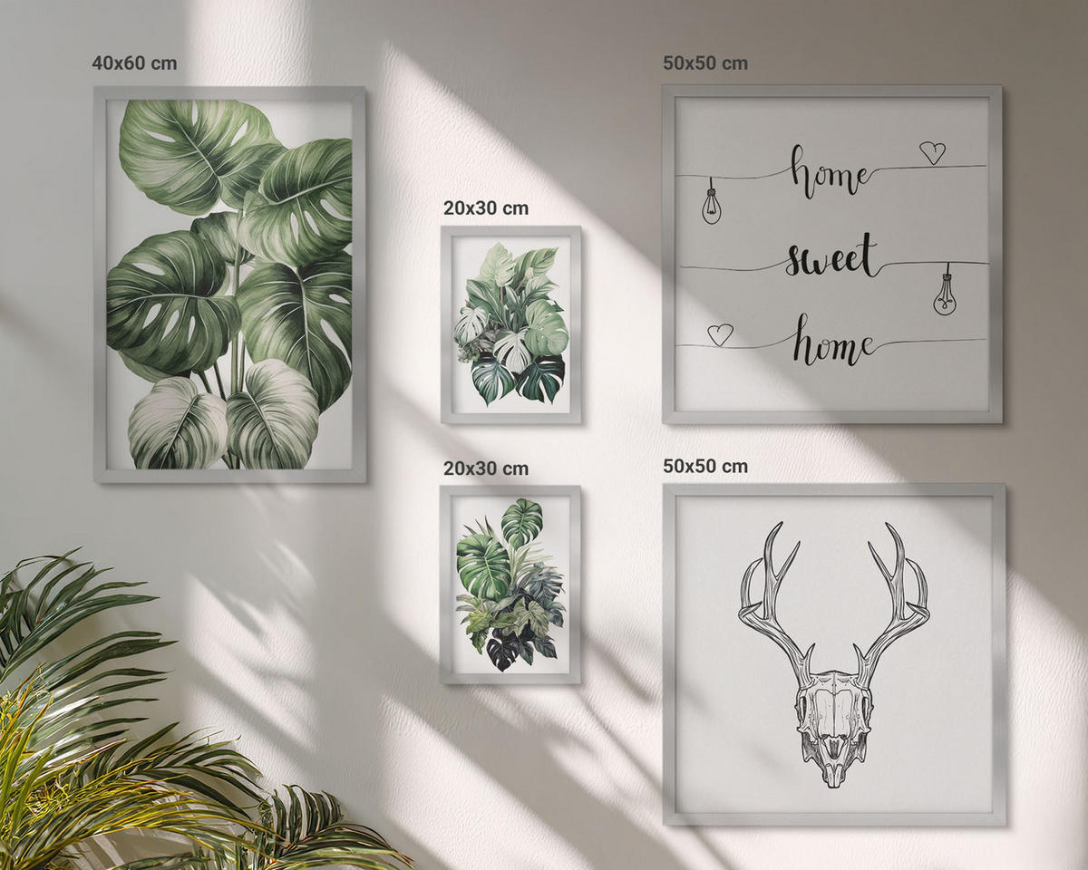 WANDBILDER 5er Set - 50x50 cm & 20x30 cm & 40x60 cm Silberner Rahmen - Ausblicke auf Berge, Flüsse und Wasserfälle - Silberfarben, Kunststoff (40/60cm) - ArtPrintCave