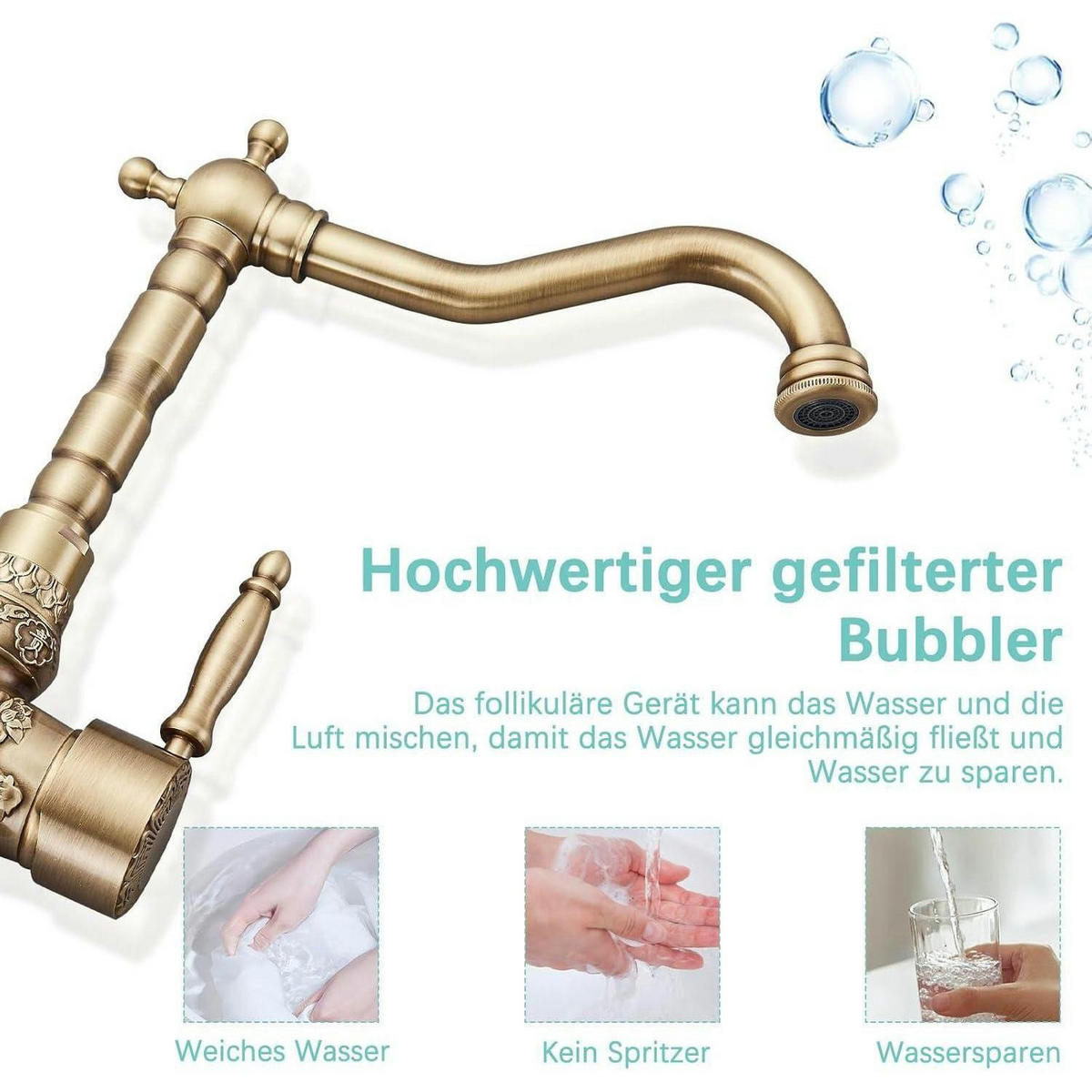 WASCHTISCHARMATUR Antik Messing 360° drehbar - Bronzefarben, Metall (7/35/15cm)