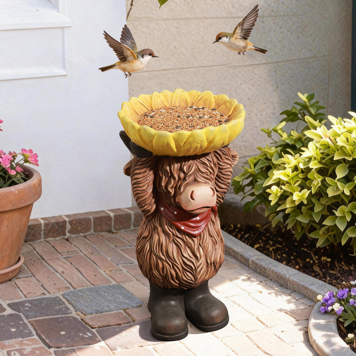 VOGELTRÄNKE Kuh mit Sonnenblume, MGO | Ø28 x H50 cm - Multicolor, Kunststoff (28/50/28cm) - Hometopia