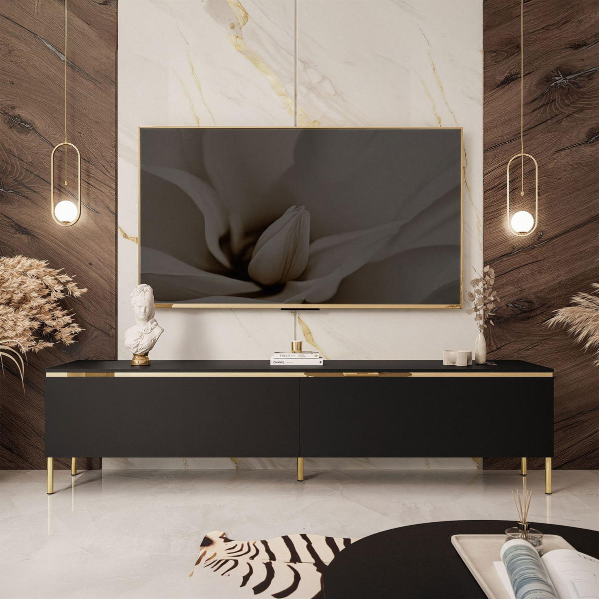 TV-LOWBOARD AURORA Schwarz Matt mit gerade Goldchrom Fuße - Goldfarben/Schwarz, Holzwerkstoff/Metall (180/46/40cm) - Lookway