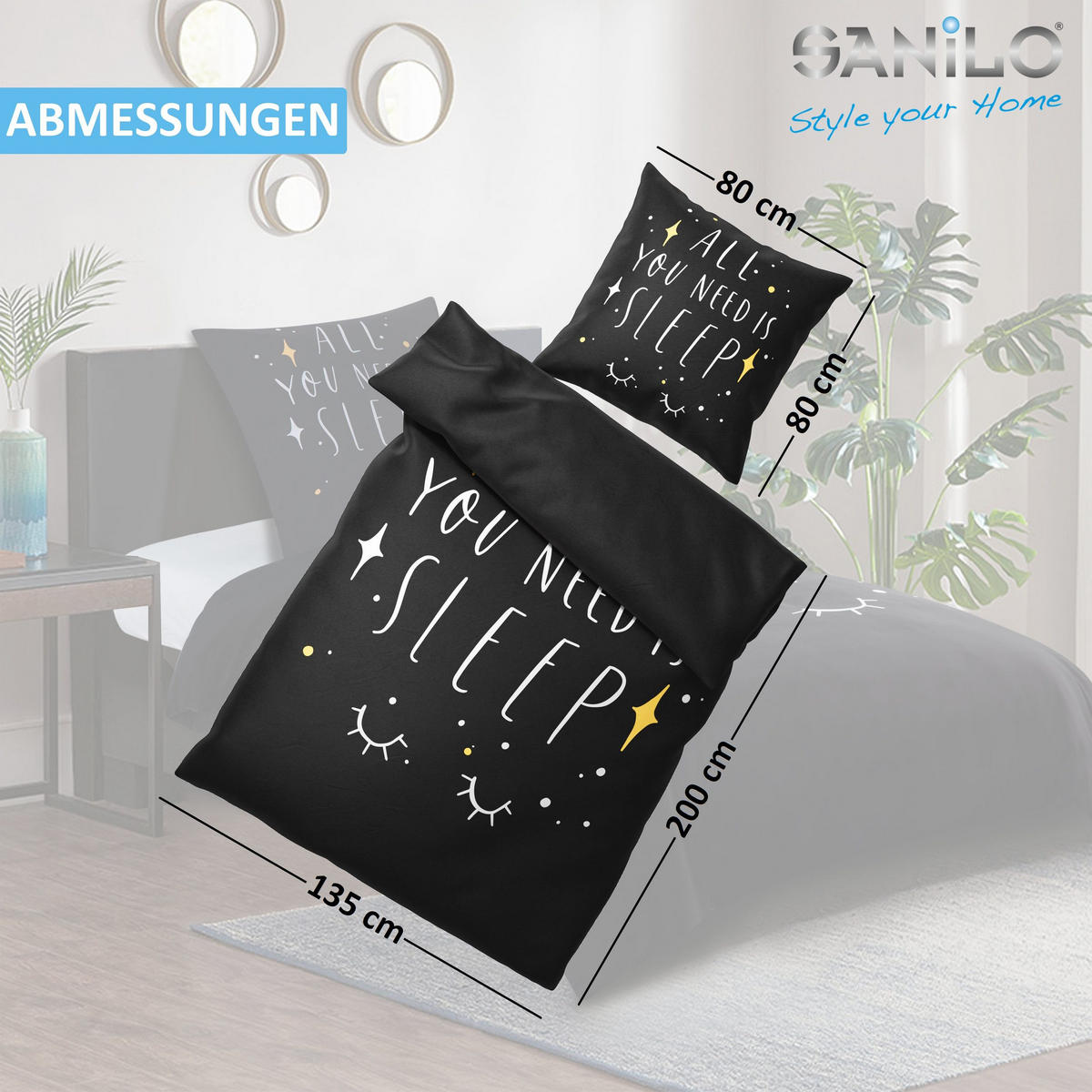 BETTWÄSCHE 4-teilig All You Need is Sleep - Schwarz, Naturmaterialien (135/200cm) - Sanilo