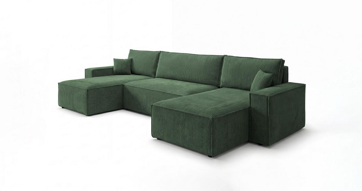 SEDACÍ souprava CALIFORNIA MINI tvar U zelená manšestr Poso 14 - funkce spaní, úložný prostor - zelená barva, textil (312/85/142cm) - Cornero