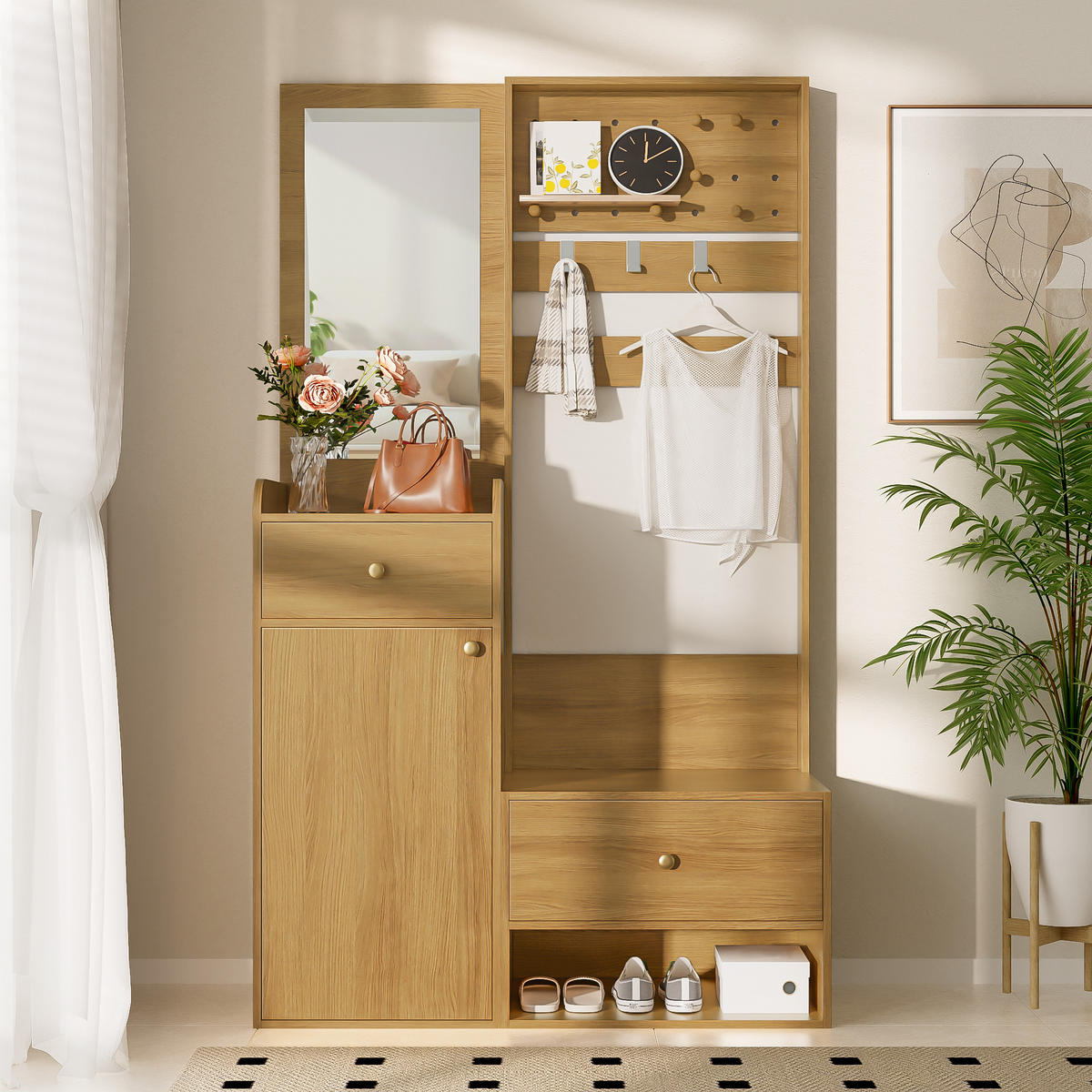 GARDEROBE 105 cm Spiegel Haken Stauraum - Naturfarben, Holzwerkstoff (105/180/38cm) - LEBENLANG