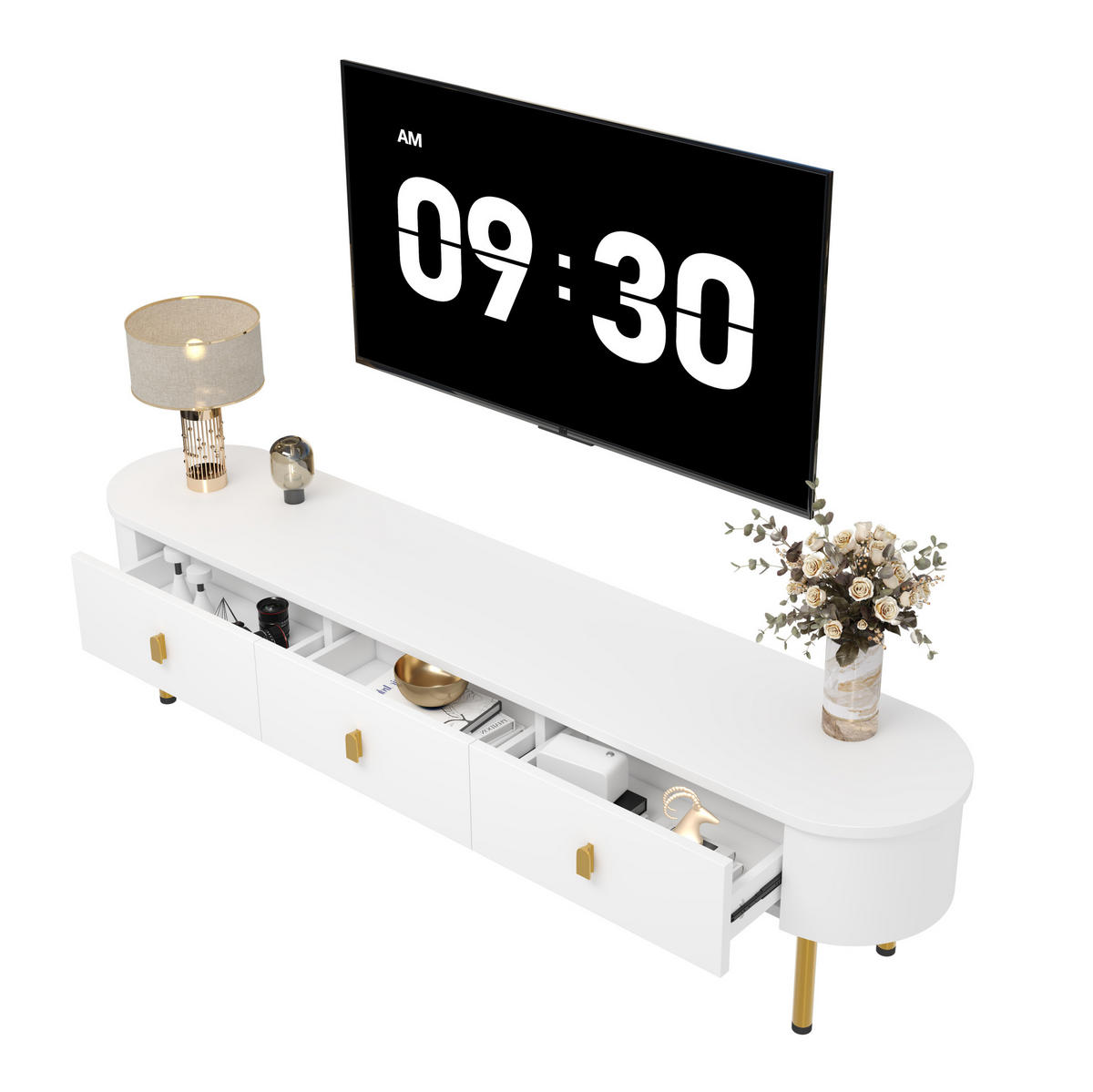 TV-SCHRANK in Weiß lackiert mit 3 Schubladen und goldfarbenen Beinen 174/35/41 cm - Weiß, Holzwerkstoff (174/41/35cm) - Redom