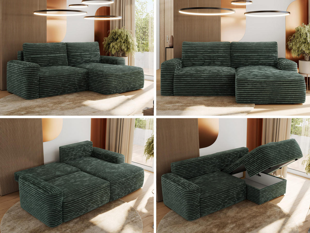 ECKSOFA BELLUNO L Grün Cord - Rechts - Schwarz/Grün, Textil (233/144cm) - MKS