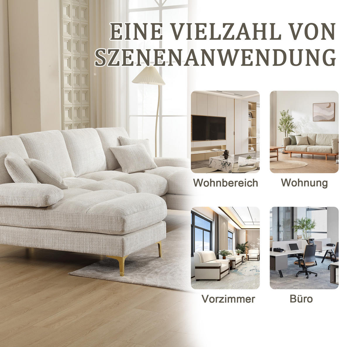 SEDACIA zostava z chenille, 272/136/88 cm béžová, v tvare U s 2 ležadlami - béžová, textil (136/88/272cm) - BEAOK