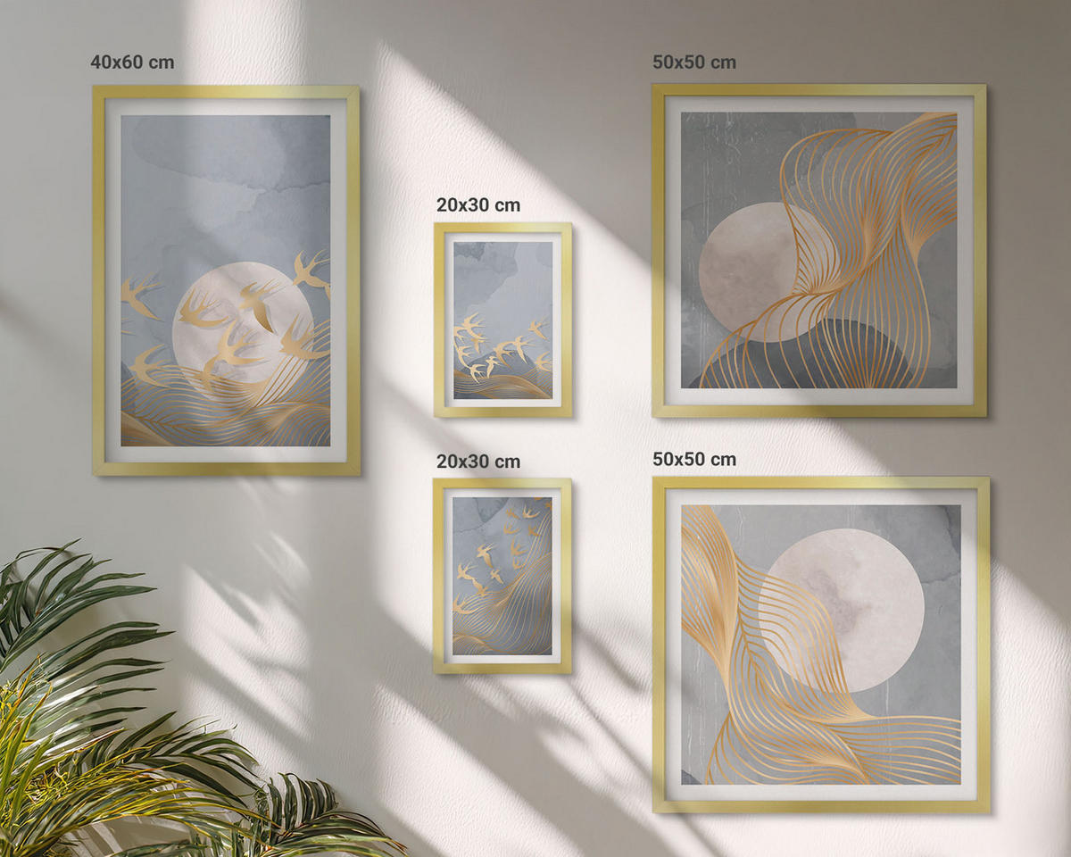 BILDER SET 5er Set - 50x50 cm & 20x30 cm & 40x60 cm Goldrahmen - Weiße Pferde - Goldfarben, Kunststoff (40/60cm) - TULUP