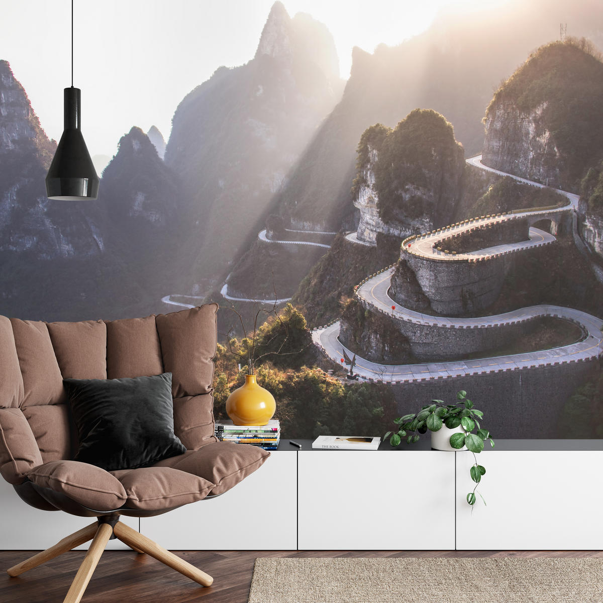 FOTOTAPETE für Wohnzimmer Felsige Bergstraße Sonnenuntergang 400x280 - Beige/Gelb, Papier (400/280cm) - Muralo