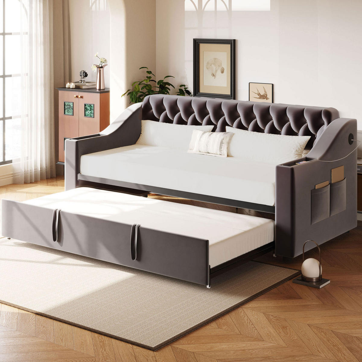 POLSTERBETT 90/180x190 cm aus Samt in Dunkelgrau mit USB- und Type-C-Anschlüssen - Dunkelgrau, Textil (90/190cm) - Flora Grace
