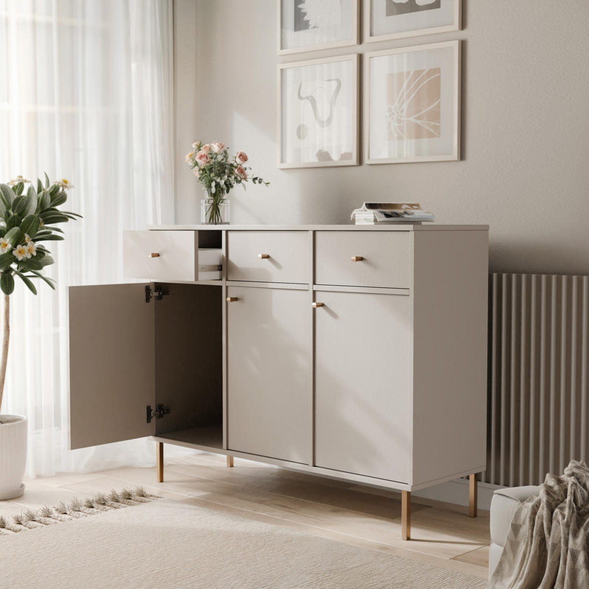KOMMODE FLOW 124/41/95 cm, 3 Schublade(n), Beige - Beige, Holzwerkstoff/Metall (124.5/95/40.8cm) - Idohome