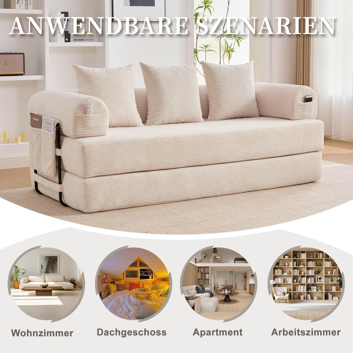 SCHLAFSOFA 200/94/67 cm Beige mit Seitentaschen plus und 3 Kissen - Beige, Textil (200/67/94cm) - Oxeza