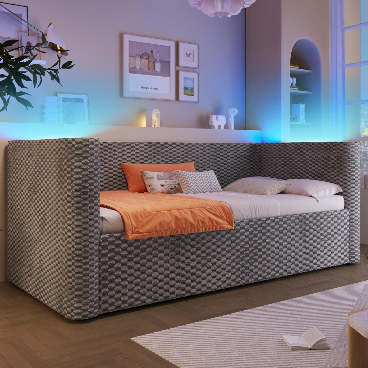 BETT 90/200 cm aus Samt mit Stauraum und LED-Beleuchtung - Grau, Textil (90/200cm) - Flora Grace