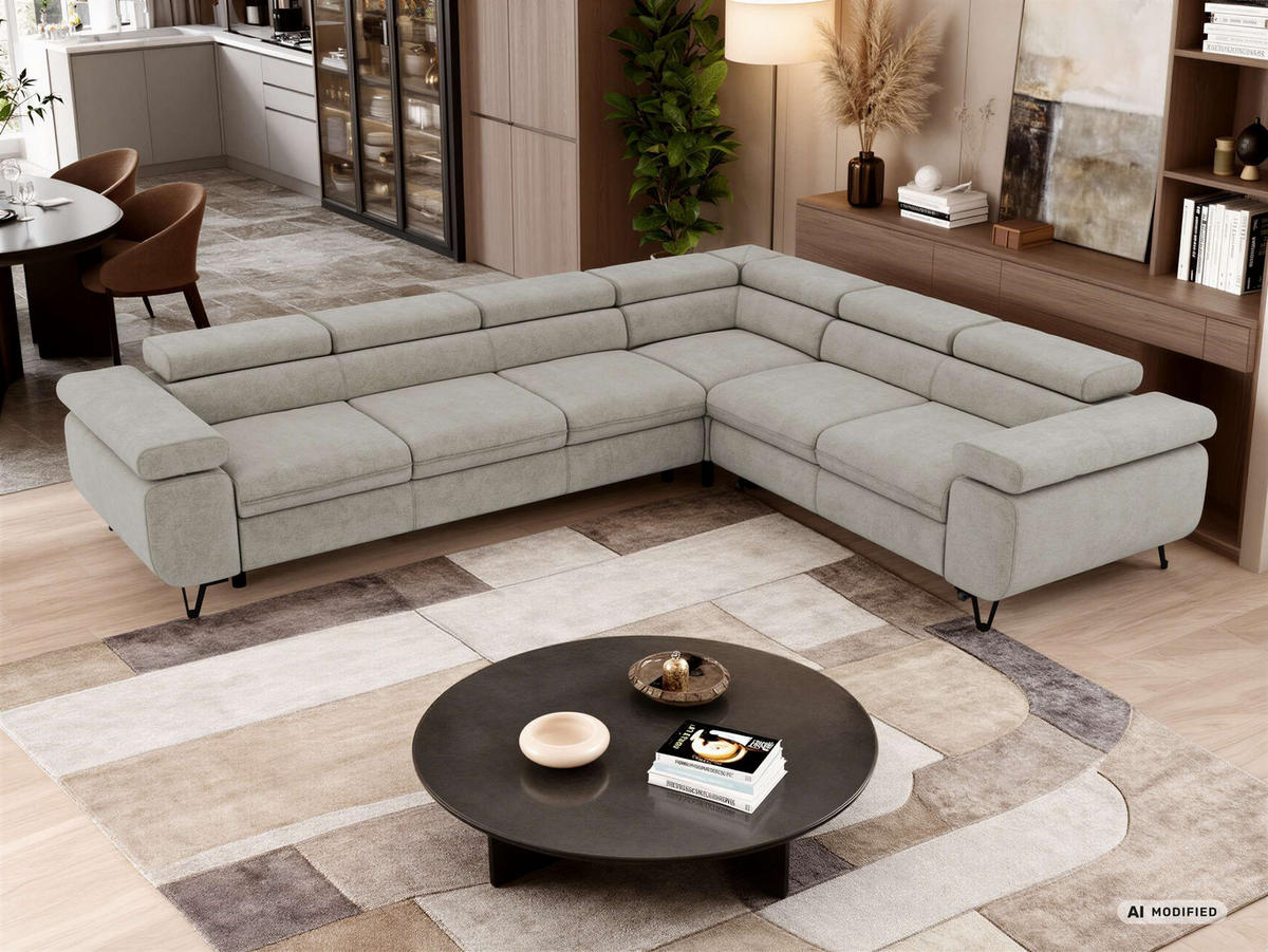 ECKSOFA NORDEN L - Hellgrau Stukture - Links Seite - Hellgrau/Schwarz, Textil/Metall (269/329cm) - MKS