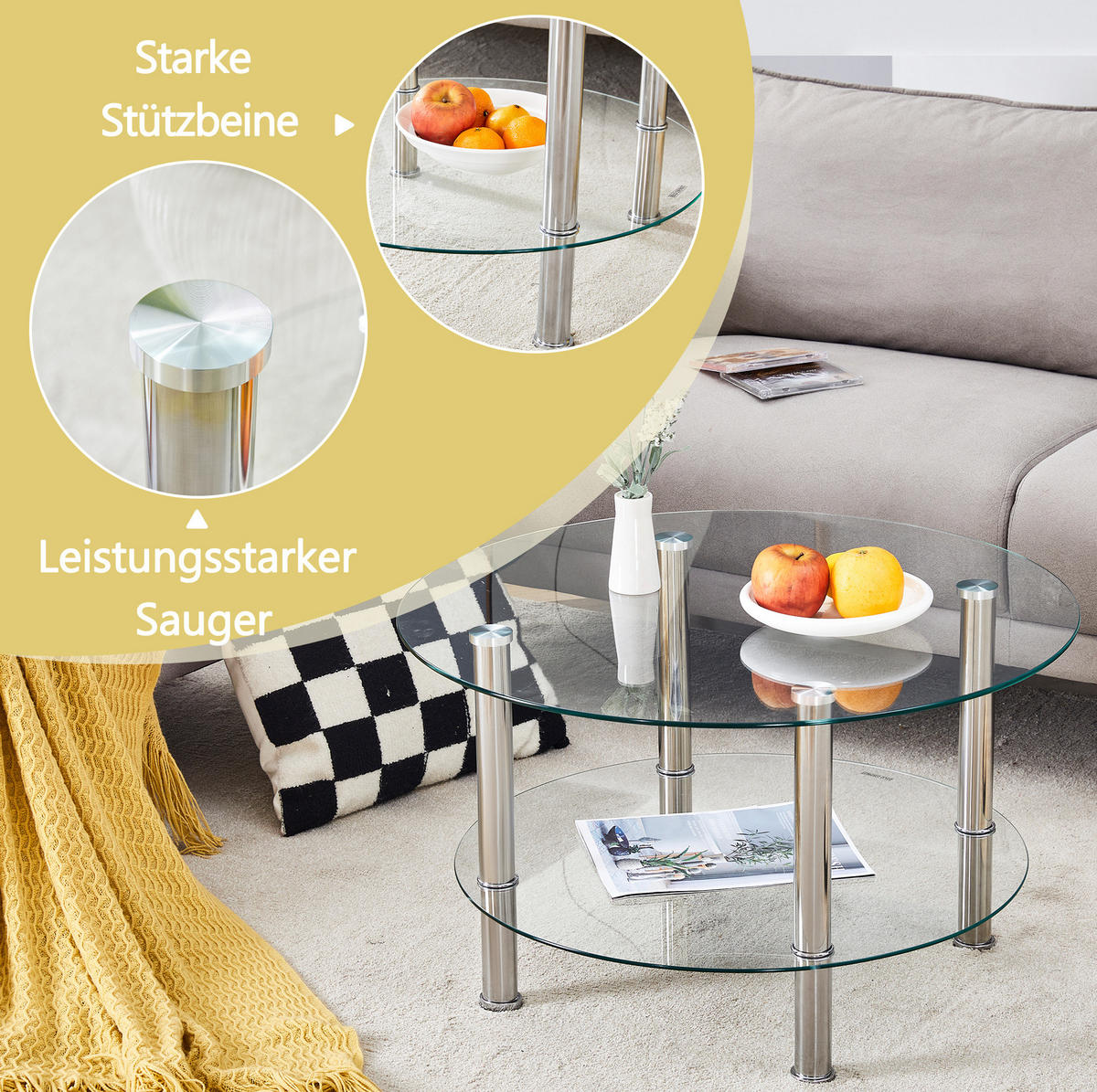 COUCHTISCH 70/60/42 cm aus Glas und Metall, 2 Ebenen, Silber/Transparent - Silberfarben, Glas (70/70/42cm) - Flora Grace
