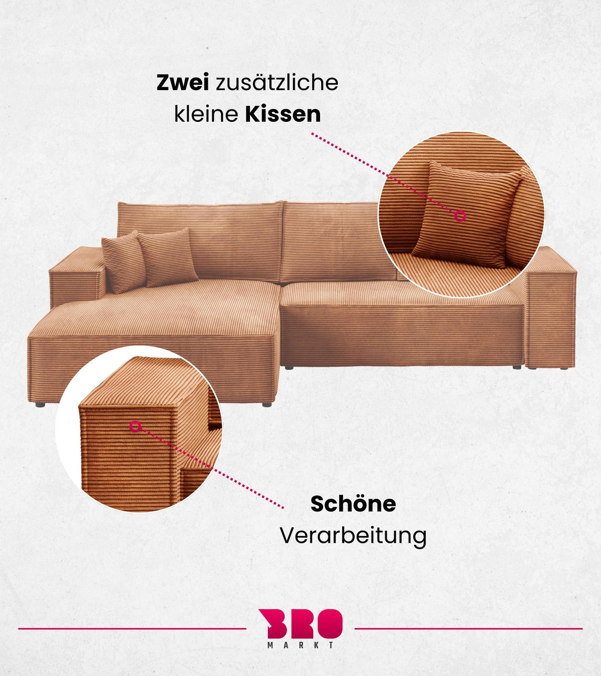 ECKSOFA Pablo mit Schlaffunktion Orange Cord - Orange, Textil (294/185cm) - Bromarkt