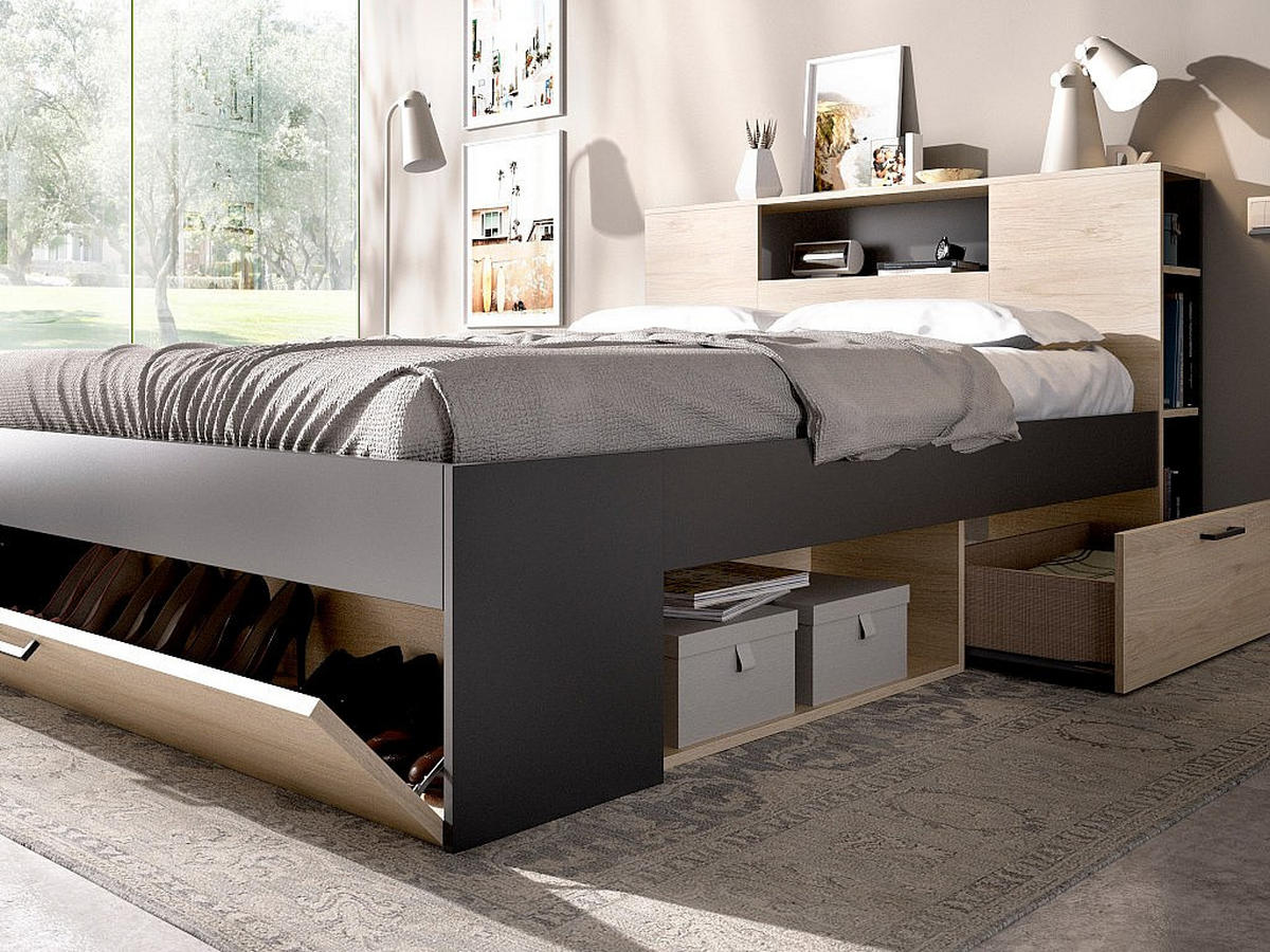 BETTRAHMEN - 2 Personen - holz - anthrazitgrau, naturfarben hell Leandre - Anthrazit/Naturfarben, Holz (140/190cm) - Vente-Unique