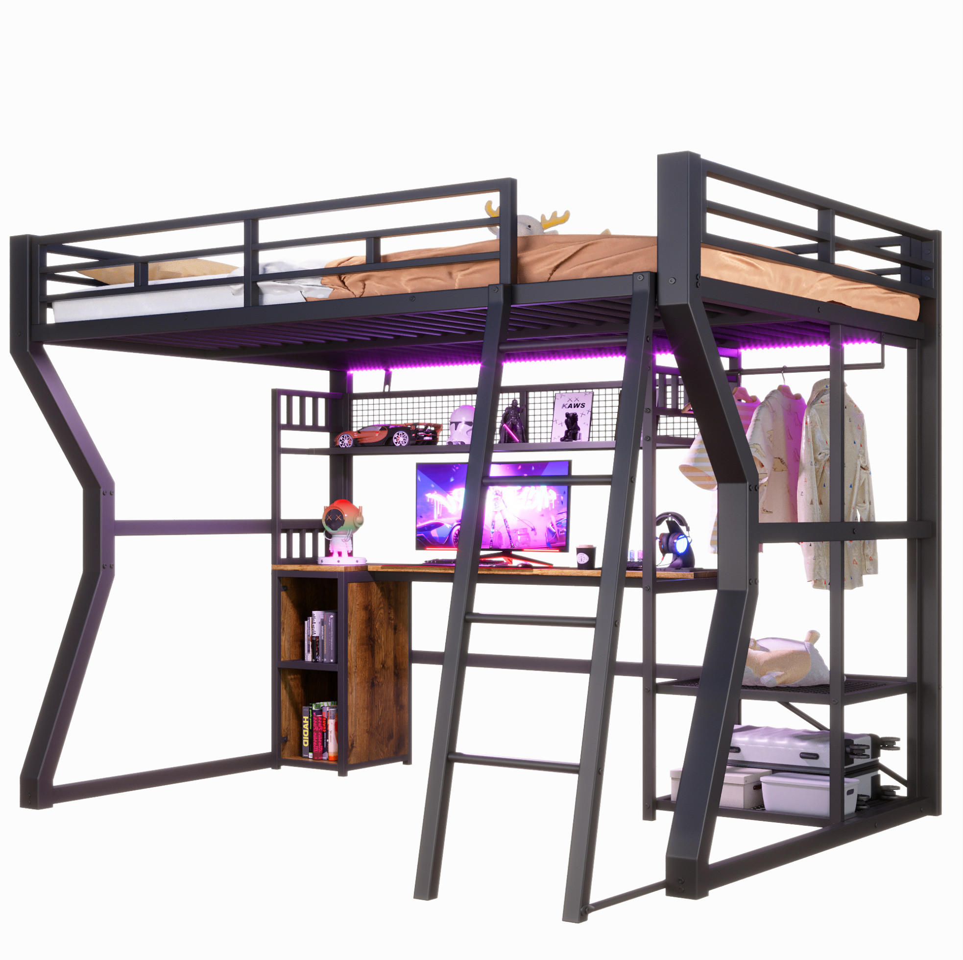 HOCHBETT 140/200 cm mit Lichtleiste, Steckdose, Schreibtisch, Staufächern - Schwarz, Metall (140/200cm) - MIVRAY