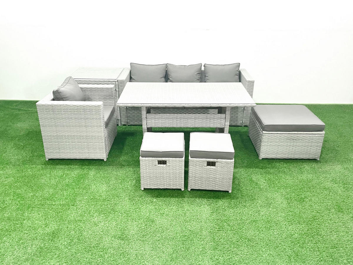 GARTENSET mit Esstisch,Sofa,Beistelltisch,3 Fußhocker Polyrattan Hellgrau 7-Sitzer - Hellgrau/Grau, Glas/Kunststoff - Fimous
