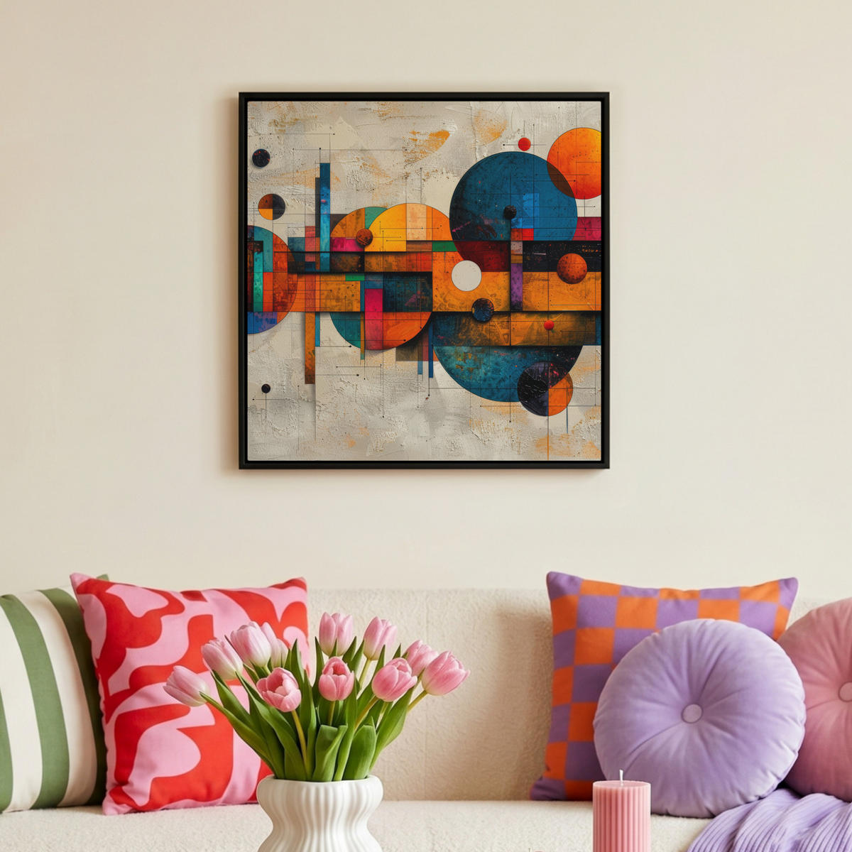 LEINWAND Bilder mit Rahmen - Vintage - Moderne Kunst - Orange - Geometrische Formen - 50x50 - Multicolor, Textil (50/50cm) - MuchoWow