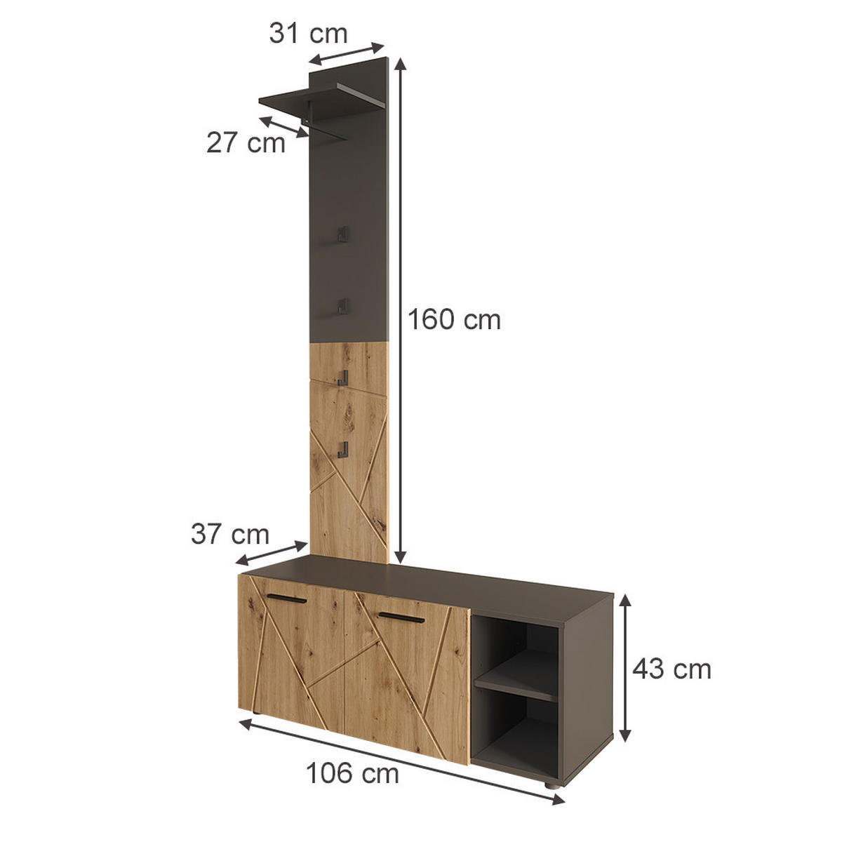 GARDEROBE Irma Anthrazit/Artisan 106 x 43 cm Set mit Schuhschrank und Garderobenpaneel - Anthrazit, Holzwerkstoff (106/43/37cm) - Vicco