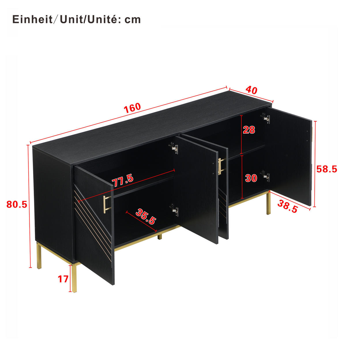 SIDEBOARD mit 4 Türen und höhenverstellbaren Einlegeböden, schwarzes MDF mit goldenen Metallakzenten, 160/40/80,5 cm, Schwarz + Holzmaserung - Schwarz, Holzwerkstoff (160/80.5/40cm) - Redom