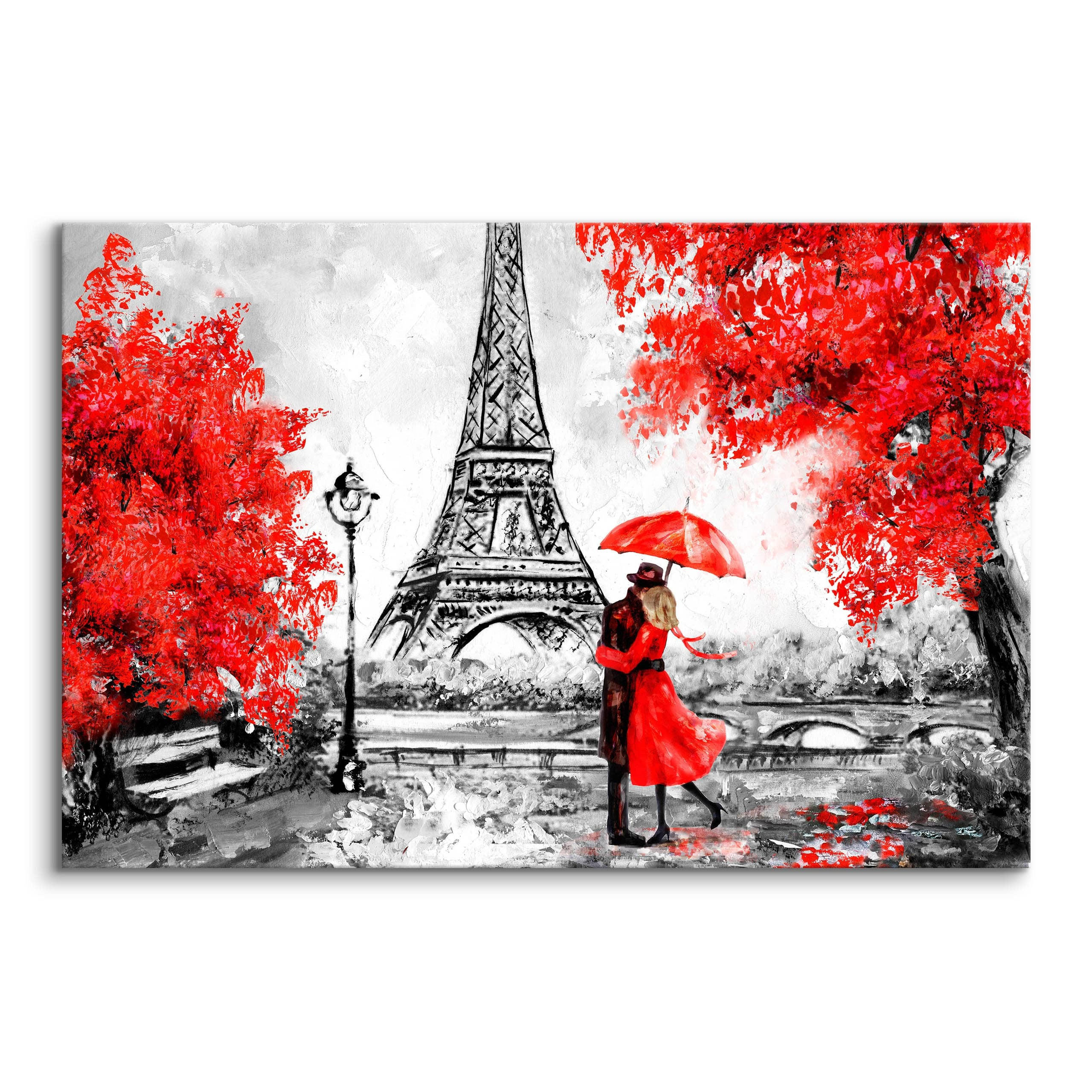 LEINWANDBILD Romantisches Paris Eiffelturm Bäume Malarei 100x70 - Rot/Schwarz, Textil (100/70cm) - Muralo