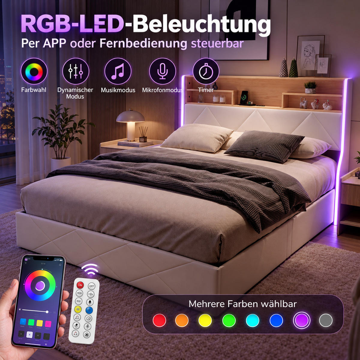 POLSTERBETT 140/200 cm mit Hydraulik-Bettkasten, LED-Ablagekopfteil und USB-Anschluss - Weiß, Holz/Metall (140/200cm) - Joyfair