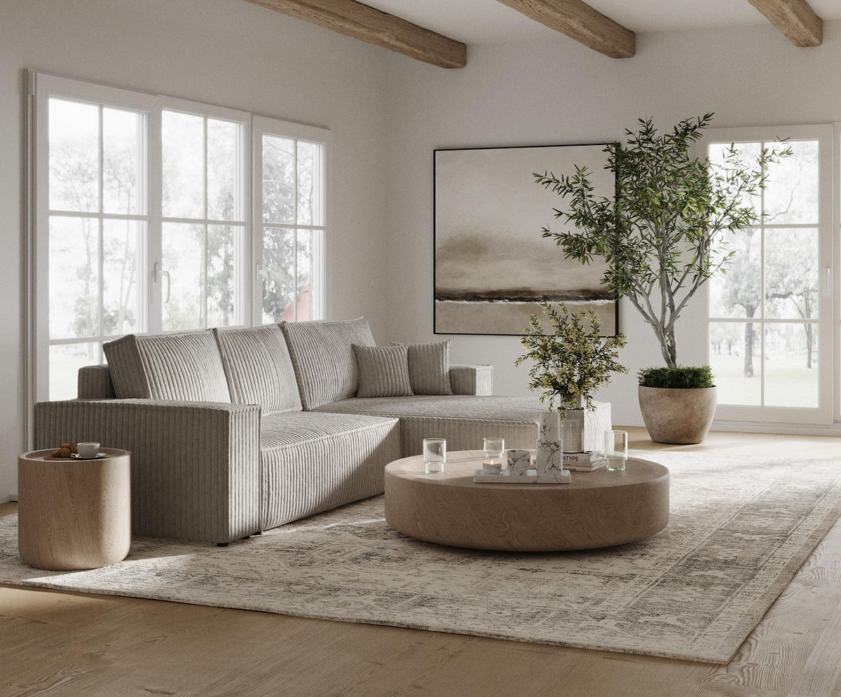 ECKSOFA Maze Beige grau Plüsch - Rechts Seite - Greige/Schwarz, Holz/Holzwerkstoff (294/185cm) - Maison de Reve