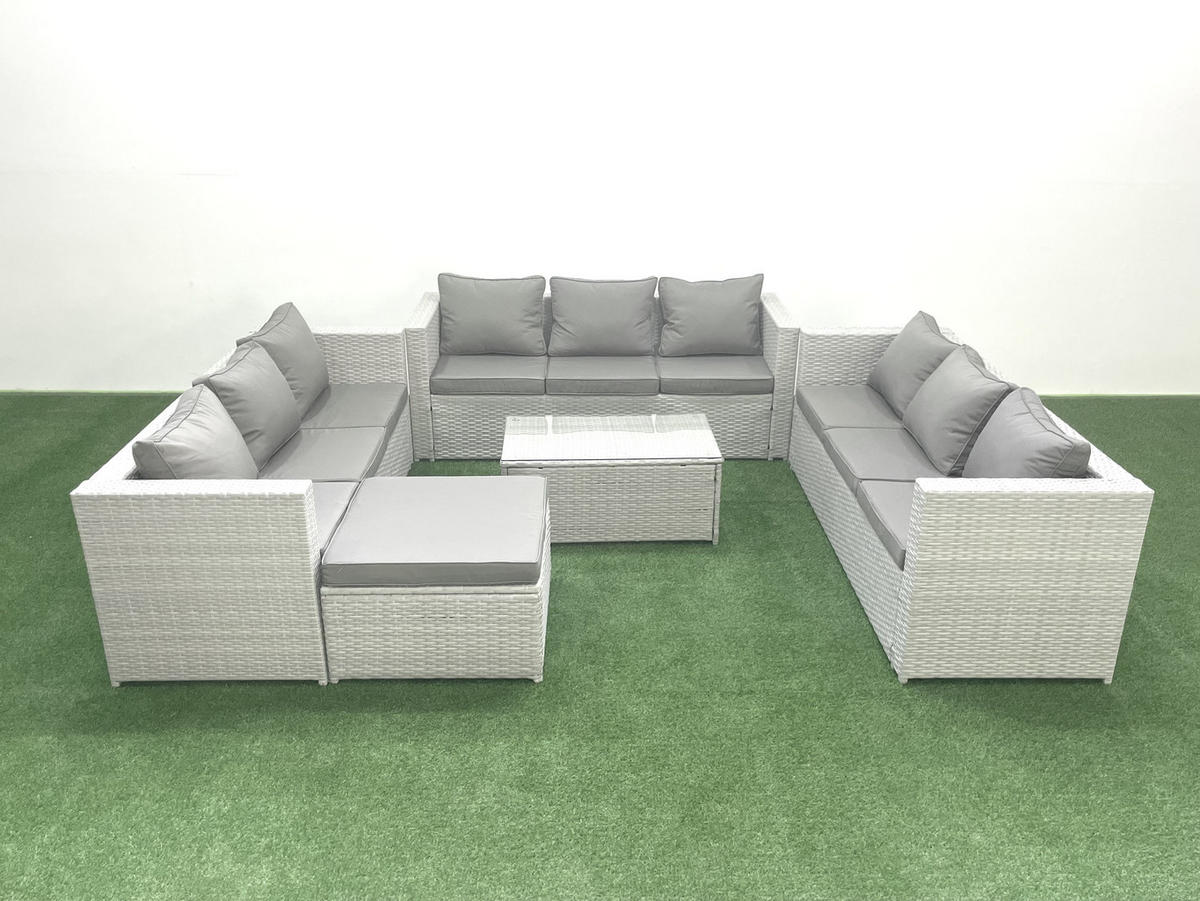 GARTENSET mit 3-SITZER SOFA,COUCHTISCH Polyrattan Hellgrau-Mix 10-Sitzer - Hellgrau/Grau, Glas/Kunststoff - Fimous