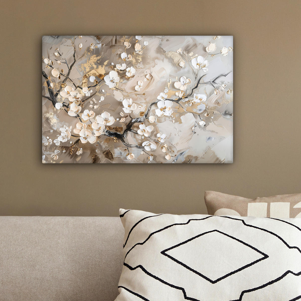 LEINWANDBILD - Blumen - Weiß - Gold - Beige - Luxus - 30x20 - Deko XXL - Greige, Textil (30/20cm) - MuchoWow