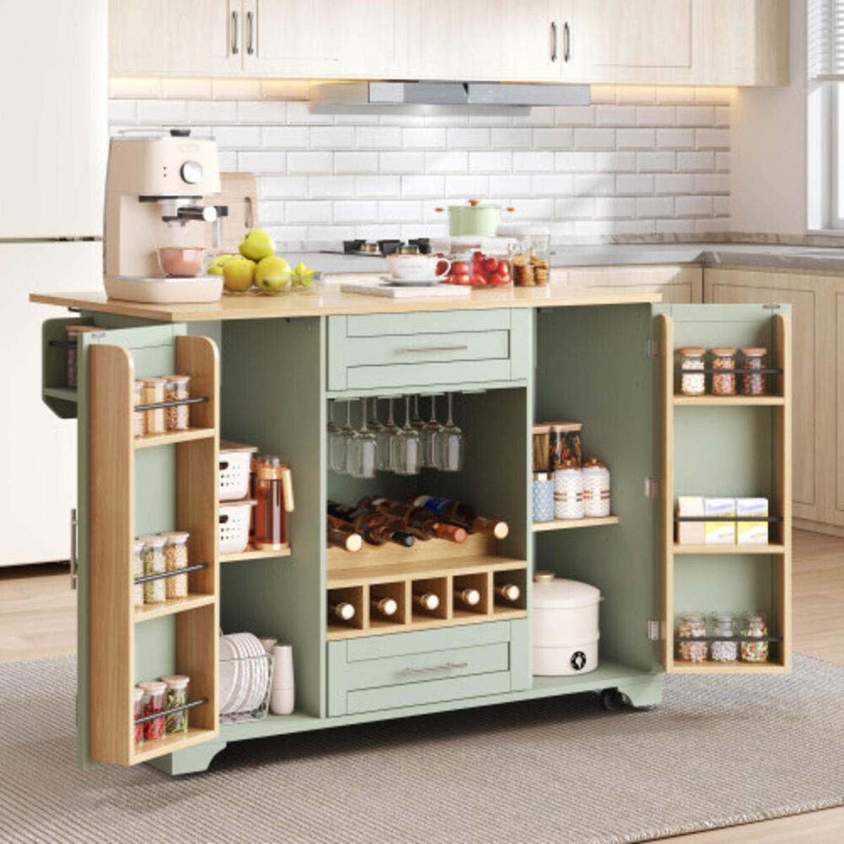 KÜCHENINSEL Antikgrün aus MDF mit ausziehbarer Arbeitsplatte 138 × 70 × 92 cm - Grün, Holzwerkstoff (138/92/70cm) - Luhomfu