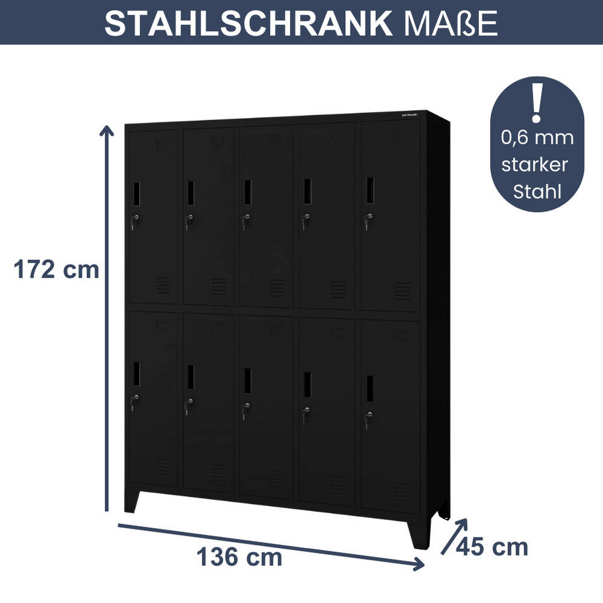 UMKLEIDESCHRANK Spind BERLIN 10 Abteile 172x136x45cm Schwarz - Schwarz, Metall (136/172/45cm) - DELUKE