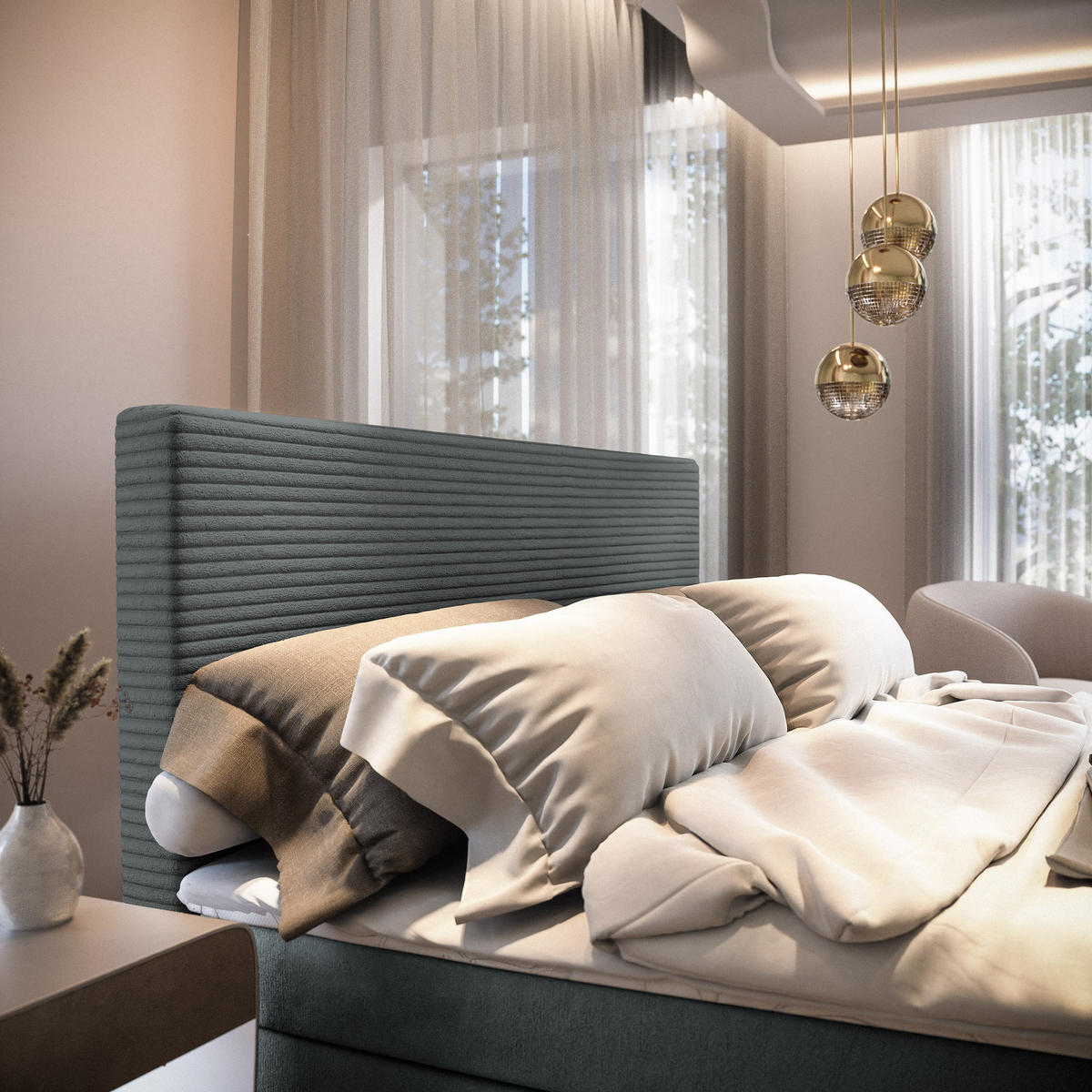 BOXBETT GIARRO 160x200 cm mit Matratze und Topper - Grau - Grau, Holz (160/200cm) - MASSENO