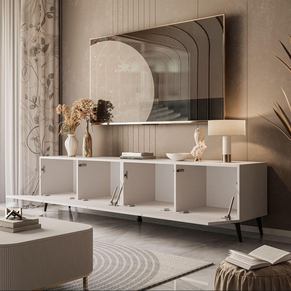 TV-LOWBOARD COLGANTE 200 cm Kaschmir auf Schwarz Beinen - Kaschmir/Schwarz, Holzwerkstoff/Metall (200/49/40cm) - Lookway