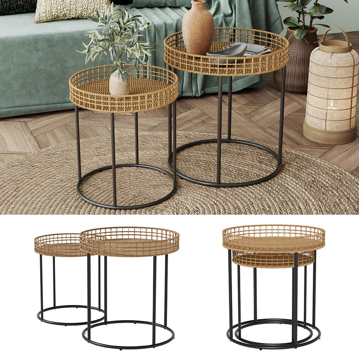COUCHTISCH-SET Brunswick Holz 44 x 44 cm 2er-Set - Schwarz/Sonoma Eiche, Metall (44/44/47.5cm) - Vicco
