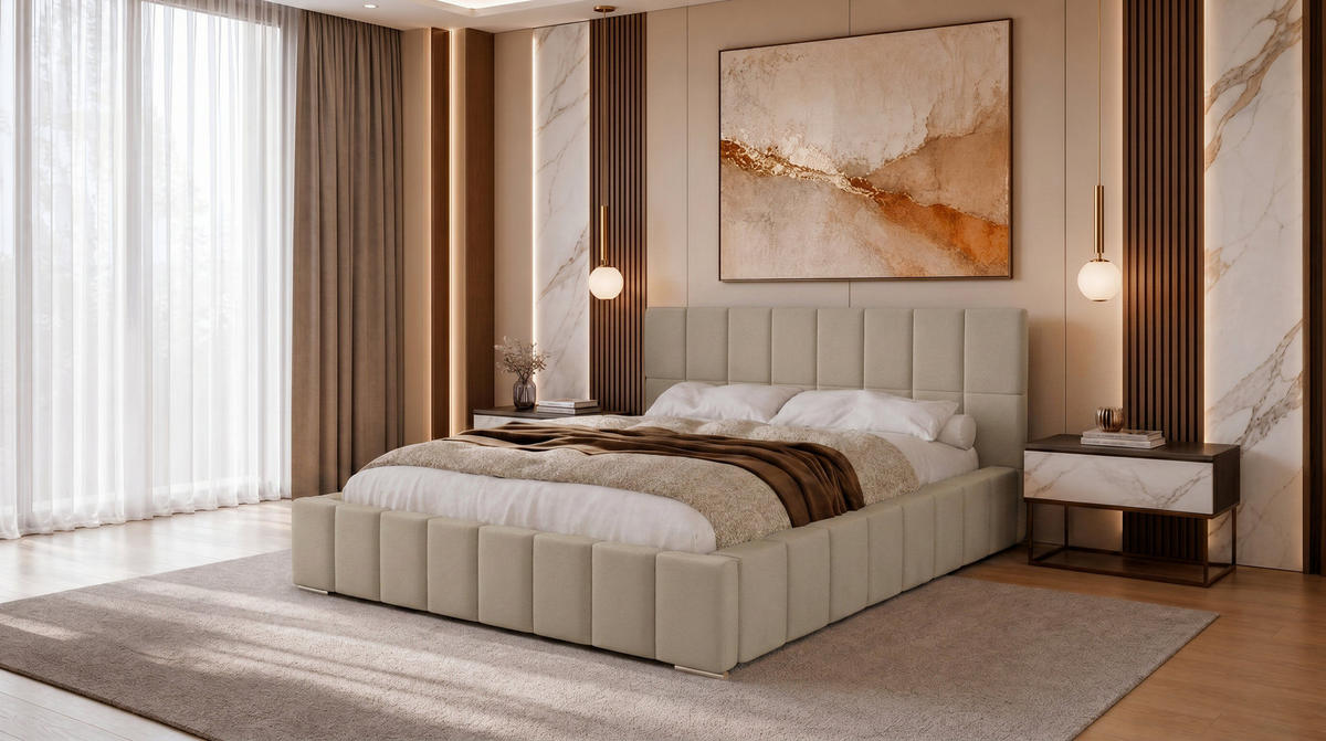 POLSTERBETT 180x200 cm, Alma, Doppelbett mit Bettkasten, Lattenrost aus Holz, Velourstoff, Hellbraun - Hellbraun, Holz/Kunststoff (180/200cm) - Marpur