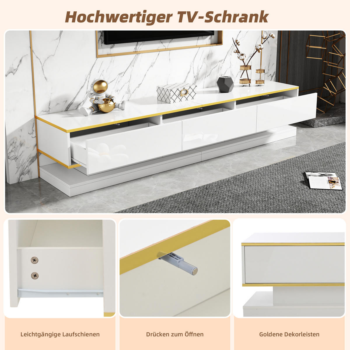 TV-SCHRANK SET Hochglanzweiß 3+2 Schubladen Goldbesatz mit Couchtisch - Weiß, Holz (59.18/14.2/112.5cm) - FLIEKS