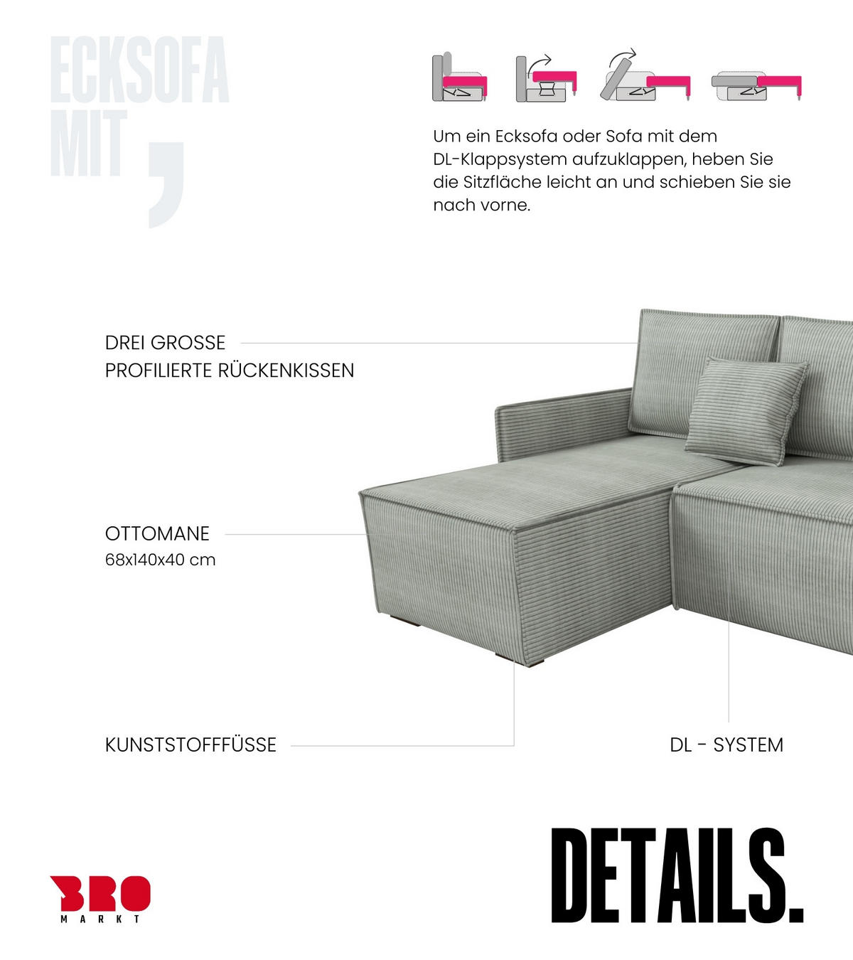 ECKSOFA Atlantic mit Schlaffunktion Grau Cord - Hellgrau, Textil (238/141cm) - Bromarkt