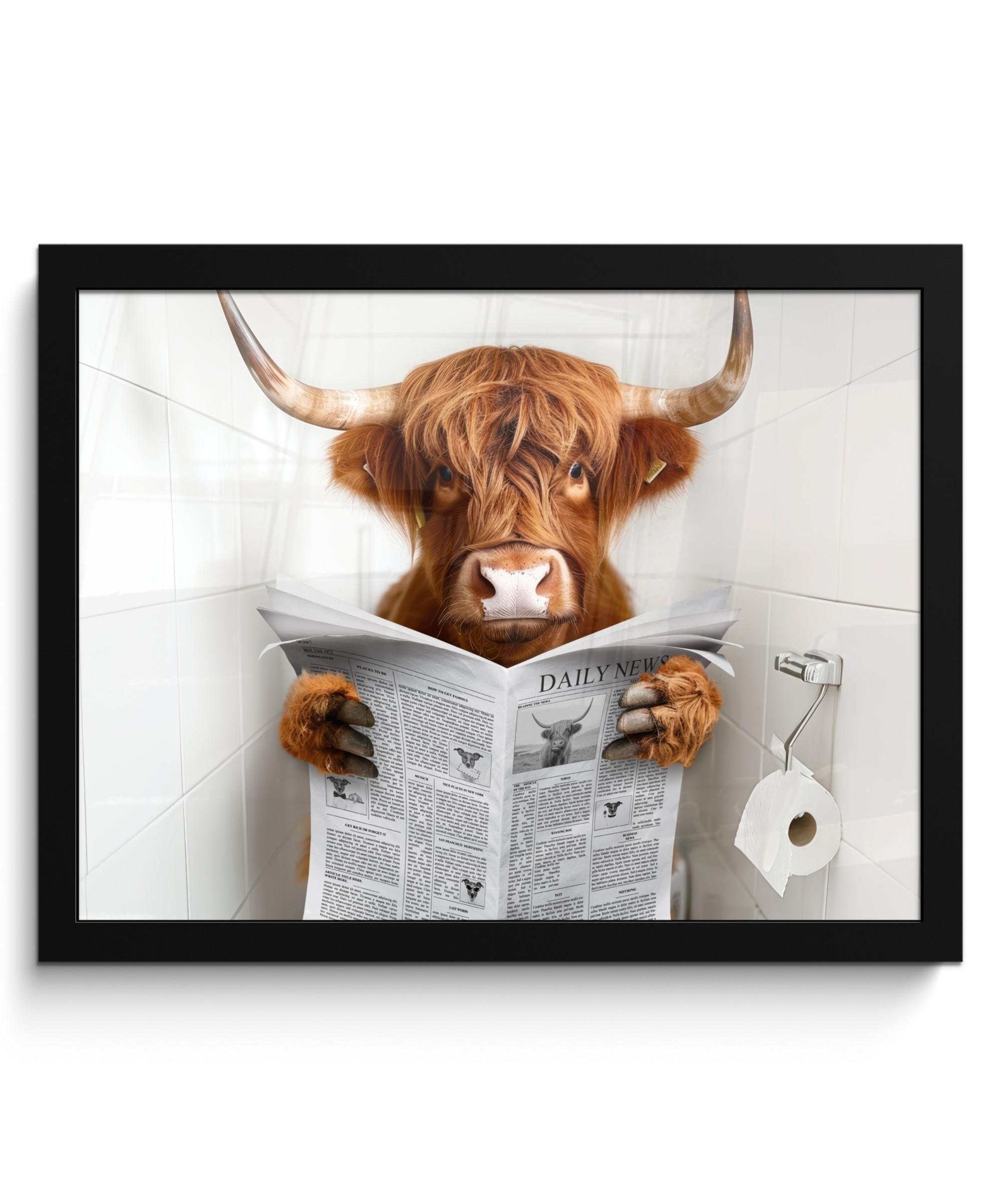 POSTER MIT RAHMEN Schottischer Highlander - Tier - Zeitung - Toilette 40x30 cm - Kastanienfarben, Papier (40/30cm) - MuchoWow