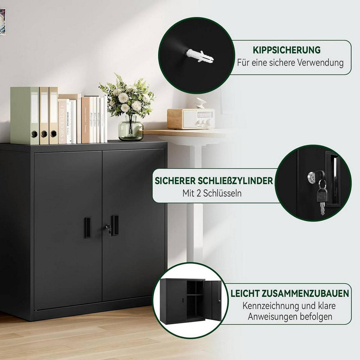 AKTENSCHRANK abschließbar, 90x92x40cm, Metall, Schwarz - Schwarz, Metall (90/92.5/40cm) - Woltu
