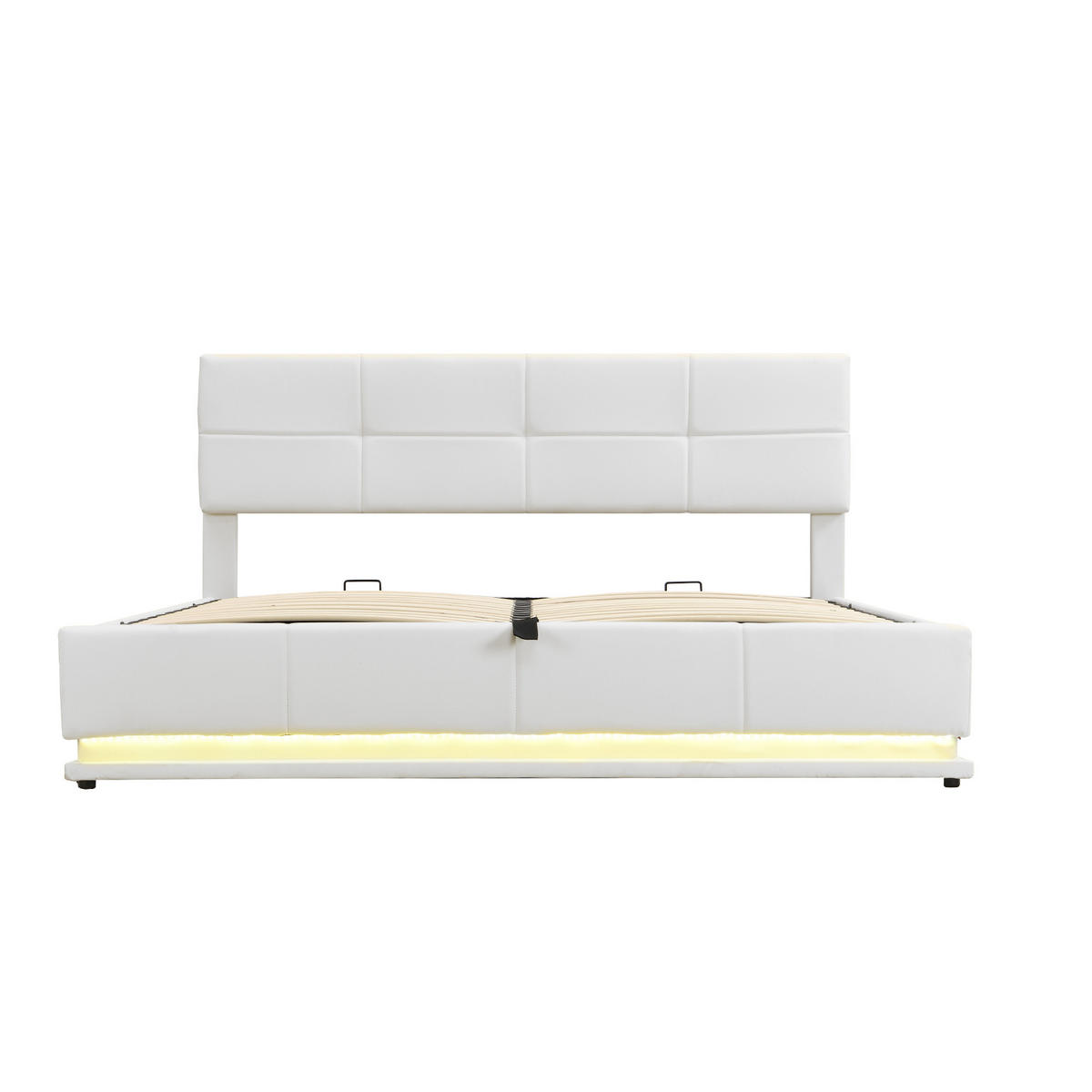 ČALÚNENÁ posteľ z MDF a kovu 180x200 cm biela s LED osvetlením, hydraulickým úložným priestorom a nastaviteľným čelom - biela, textil (180/200cm) - Modfu
