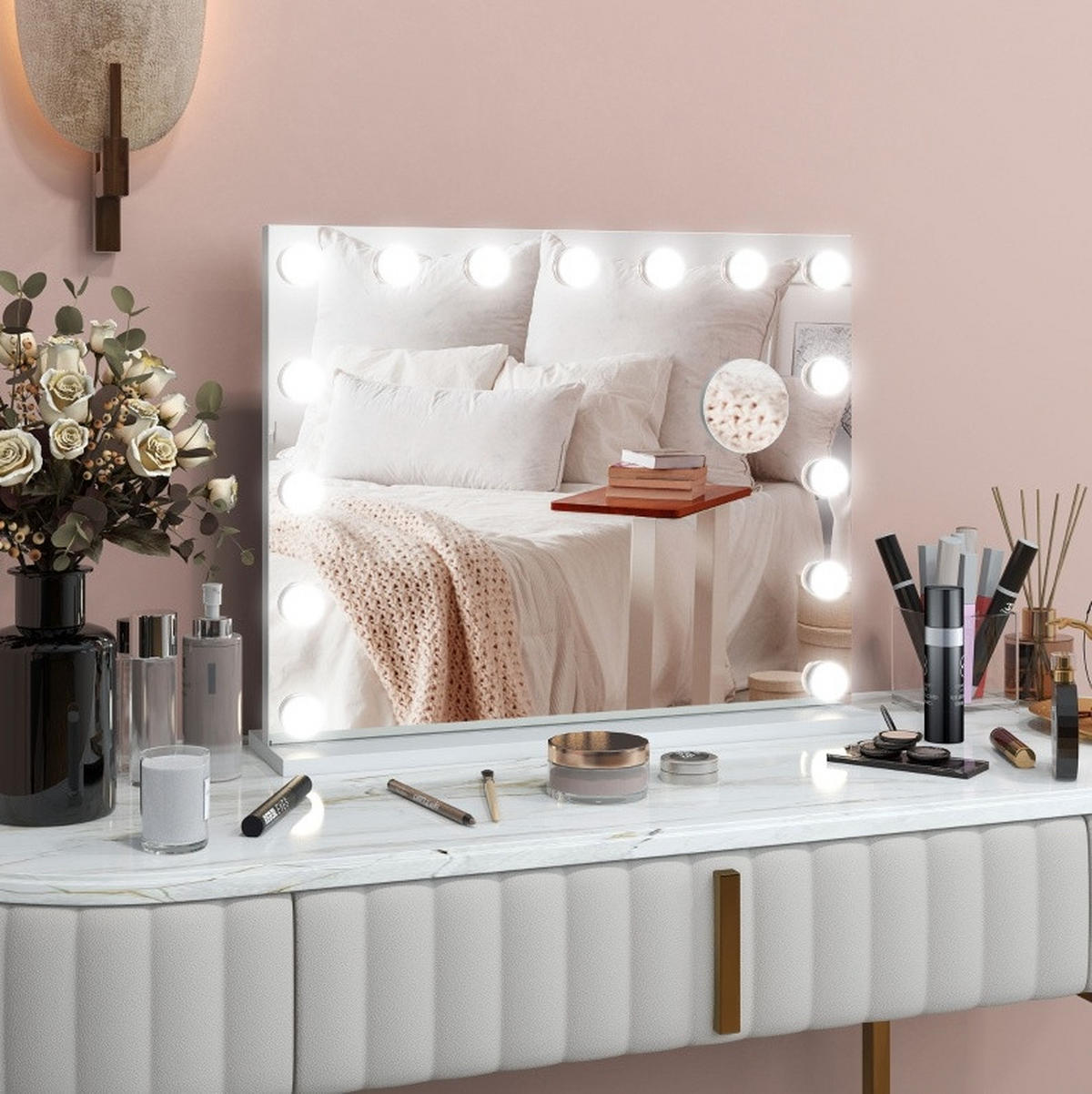 WANDSPIEGEL 58/14/48 cm weiß aus Metall mit LED-Beleuchtung und USB - Weiß, Metall (14/48/58cm) - OKWISH