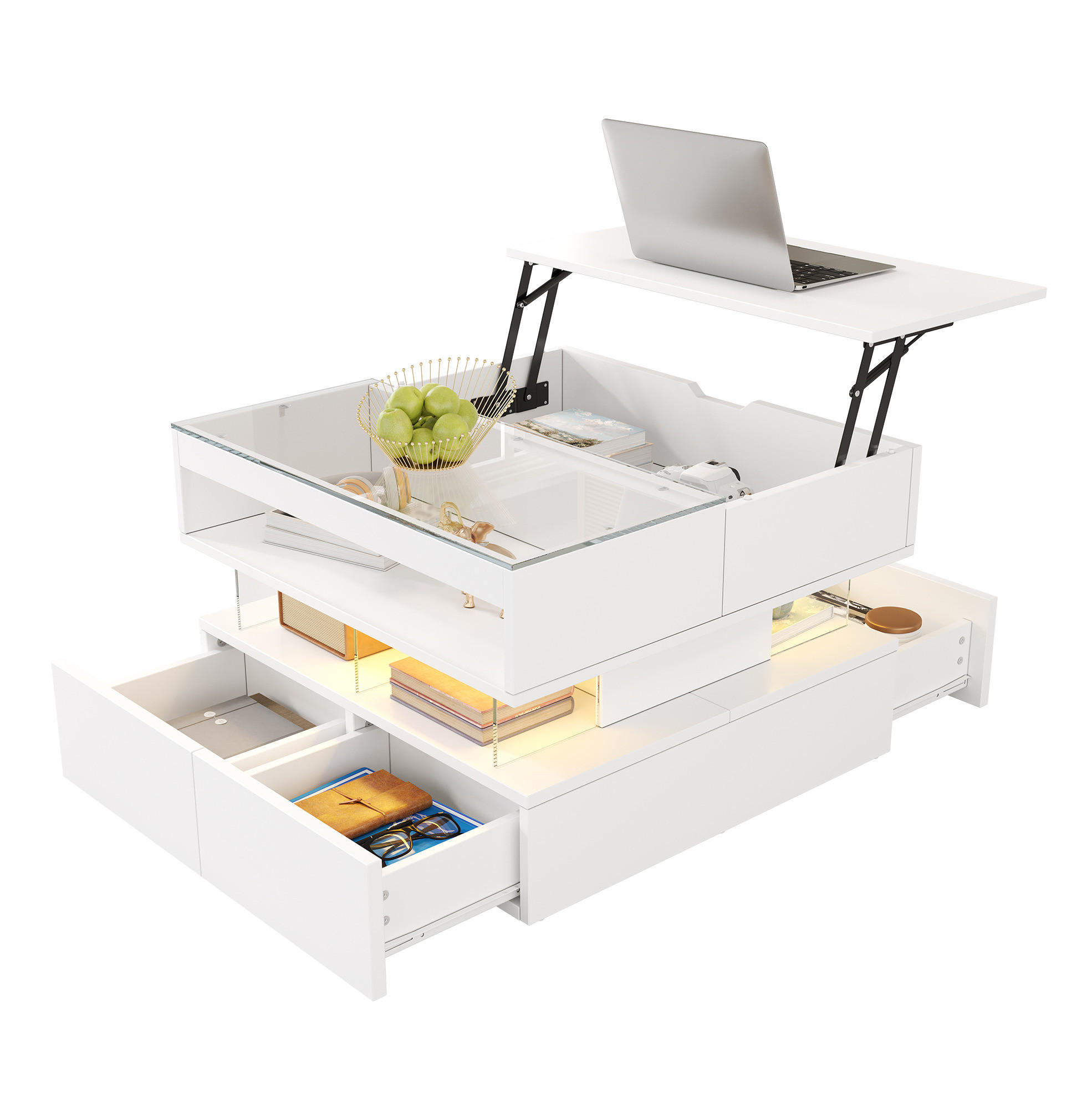 COUCHTISCH 70/67/57 cm weiß aus Spanplatte mit Lift-Top und LED-Beleuchtung - Weiß, Holzwerkstoff (70/70/57cm) - OKMYHOME