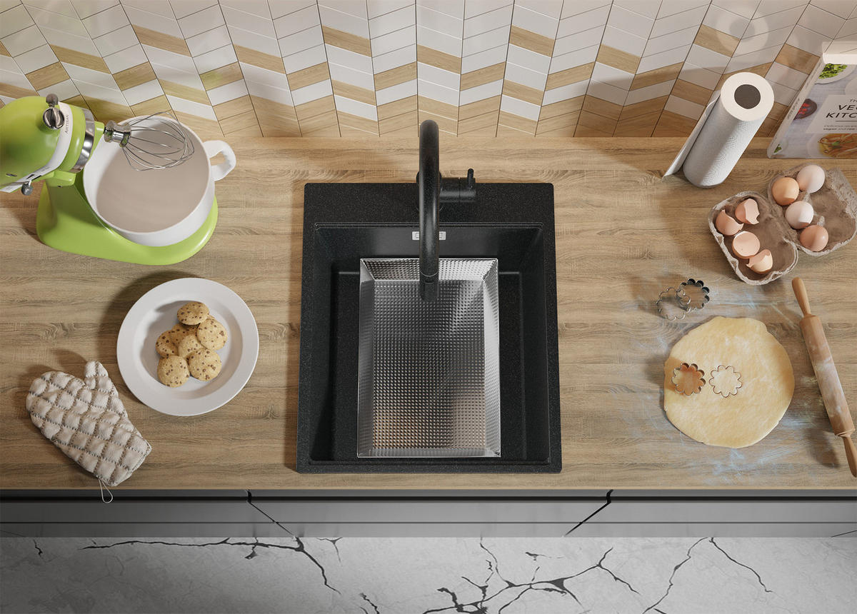 SPÜLBECKEN Oslo, 2-er set Anthrazit 43/50 cm 1 Becken + Ablauf-Set + Schneidebrett ab 45er Unterschrank - Chromfarben/Anthrazit, Kunststoff (43/20/50cm) - Primagran