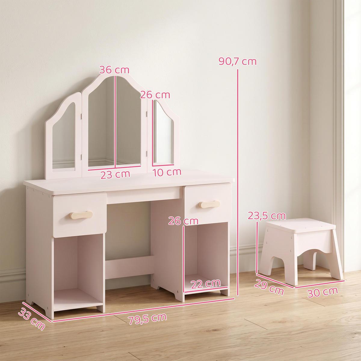 KINDERSCHMINKTISCH-SET MDF Acryl Rosa - Rosa/Naturfarben, Holzwerkstoff (33/90.7/79.5cm) - AIYAPLAY