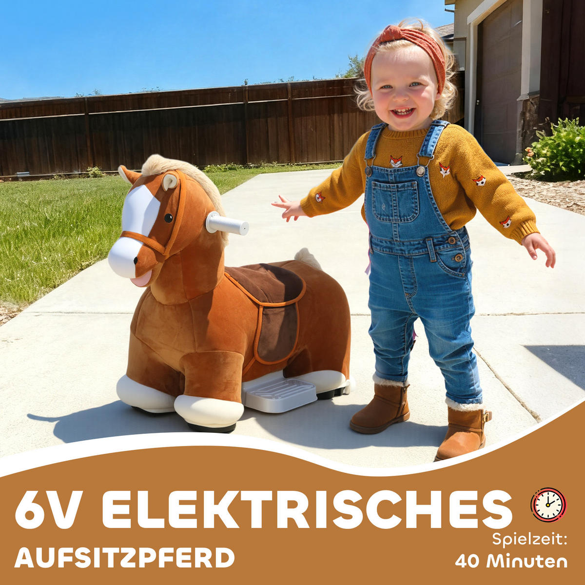 KINDER Elektroauto in Pferdform, 6V Kinderfahrzeug mit Musik, Fußpedal Braun - Braun, Textil (74/34/51cm) - AIYAPLAY