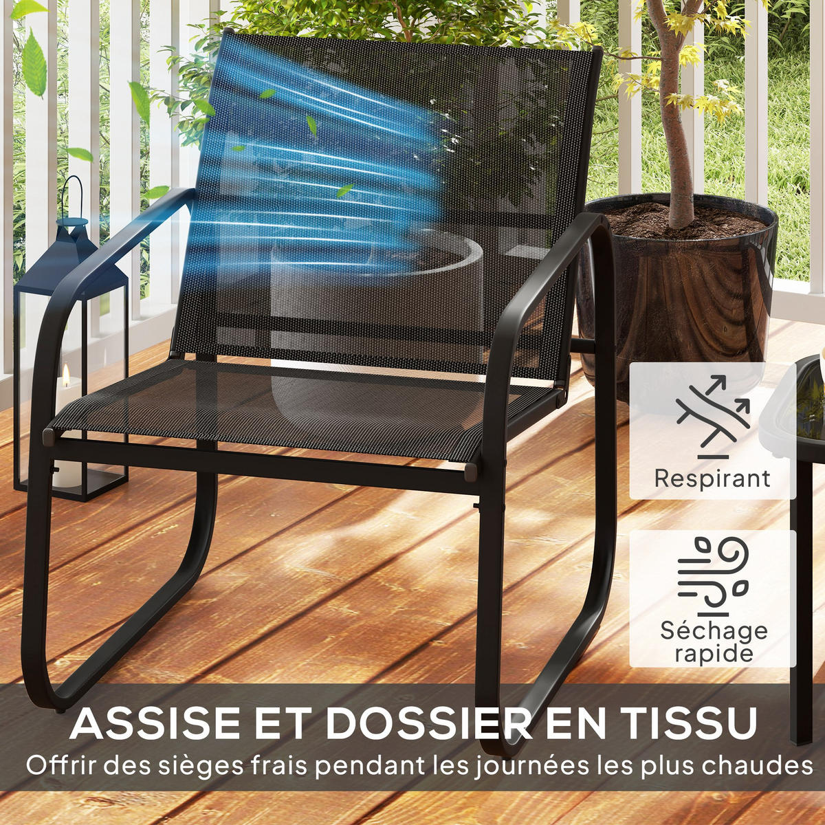 BALKONSET 3-teilig DE-14140 2 Mesh-Stühle, Glastisch Schwarz - Schwarz, Metall - ComfortXL