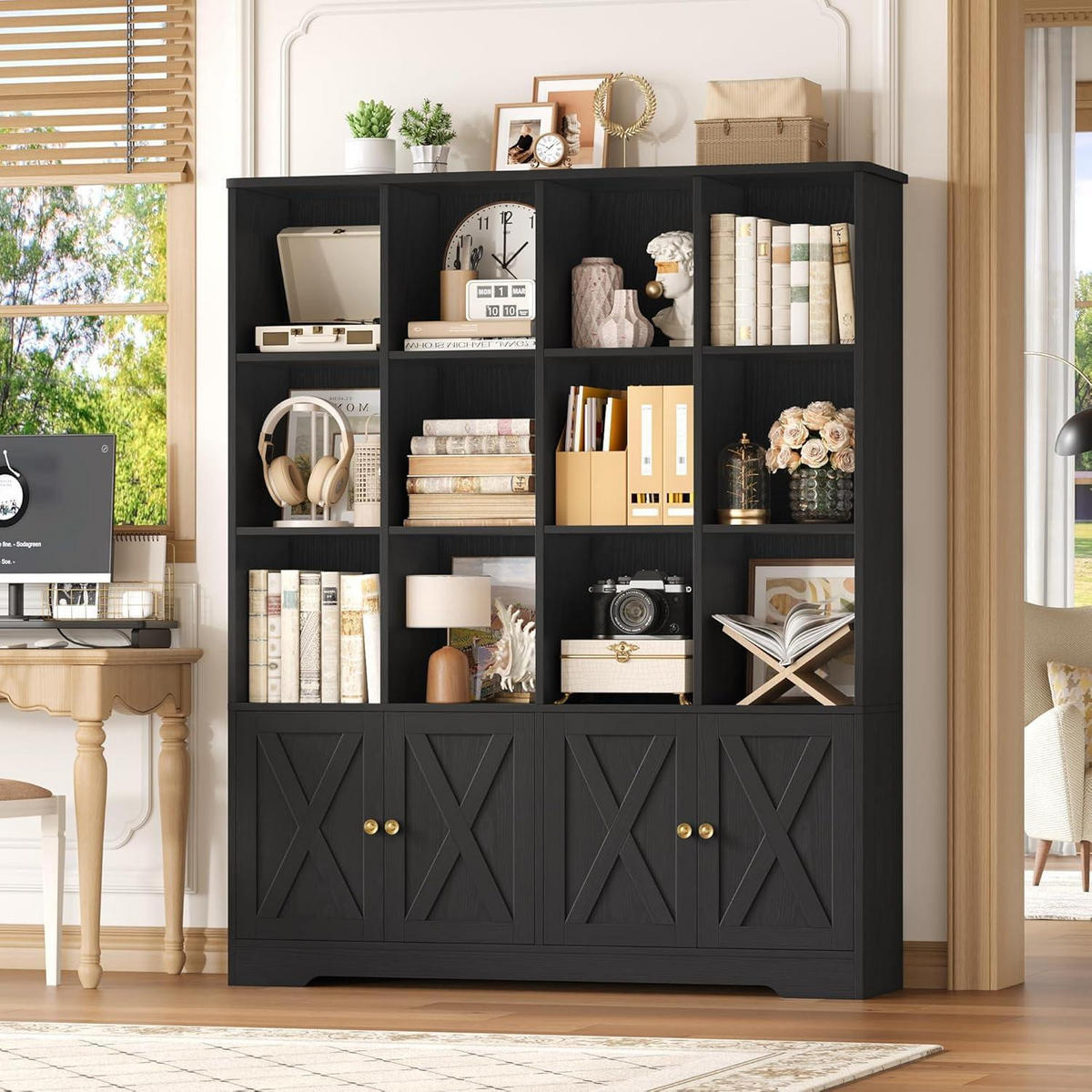 BÜCHERREGAL mit Türen Schwarz 144,8 x 29,8 x 121 cm - Schwarz, Holzwerkstoff (121/144.8/29.8cm)