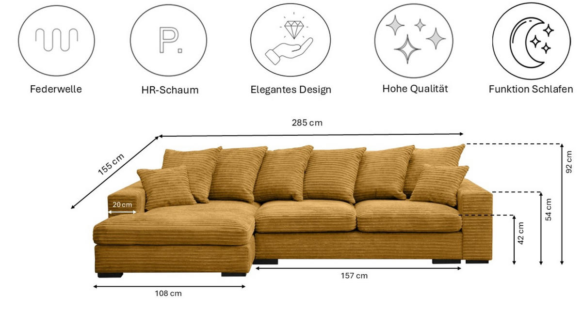 ECKSOFA Mit Schlaffunktion Und Bettkasten Couch L-form Gabon Stoff Zoom Gelb Links - Gelb, Holz (155/285cm) - Kaiser Möbel